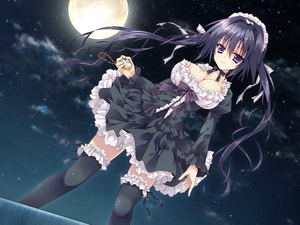 Anime picture 1280x960 with chiisana kanojo no serenade shirasato karin tsurusaki takahiro long hair breasts light erotic black hair large breasts purple eyes twintails game cg sky cleavage cloud (clouds) night girl thighhighs dress black thighhighs frills