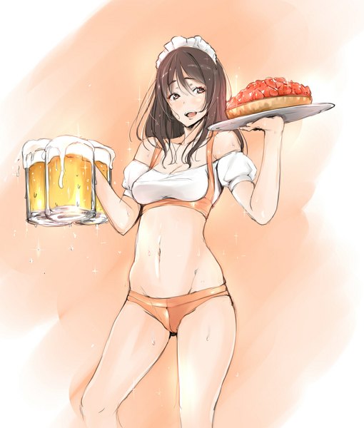 Anime picture 855x1006 with original tsukino wagamo single long hair tall image blush fringe open mouth light erotic smile brown hair standing white background looking away cleavage bent knee (knees) :d bare belly sparkle short sleeves