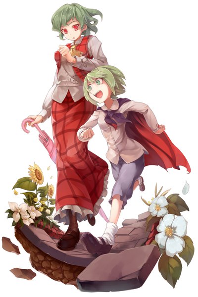 Anime picture 1000x1500 with touhou kazami yuuka wriggle nightbug asutora tall image short hair open mouth simple background red eyes white background multiple girls holding green eyes looking away green hair teeth :o plaid skirt happy walking