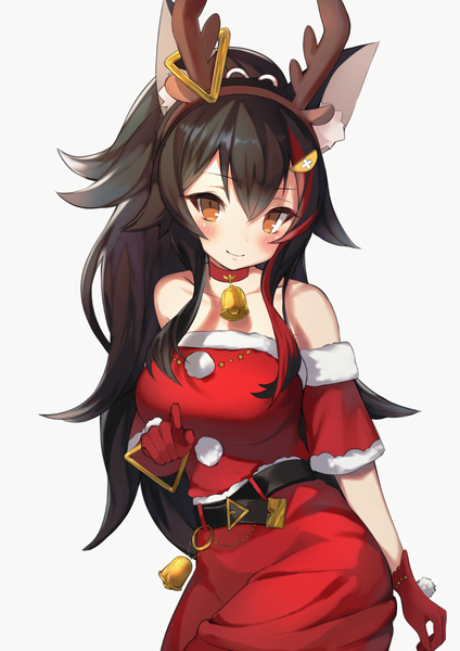 Anime picture 868x1228 with virtual youtuber hololive ookami mio nerutora single long hair tall image blush fringe black hair simple background smile hair between eyes white background animal ears ponytail multicolored hair horn (horns) orange eyes streaked hair