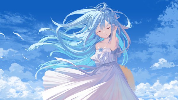 Anime picture 1920x1080 with virtual youtuber indie virtual youtuber mihanada somaru ritsuki single long hair highres wide image standing blue hair sky cloud (clouds) eyes closed wind sleeveless adjusting hair hat removed headwear removed girl dress
