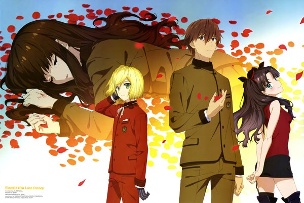 Anime picture 6116x4088 with fate (series) fate/extra last encore fate/extra newtype toosaka rin kishinami hakuno (female) kishinami hakuno (male) leonard bistario harway takiyama masaaki yamamura hiroki hama yurie long hair fringe highres short hair black hair blonde hair hair between eyes brown hair multiple girls