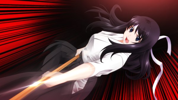Anime picture 1365x768 with kansen5 (game) long hair open mouth blue eyes black hair wide image game cg girl weapon hairband