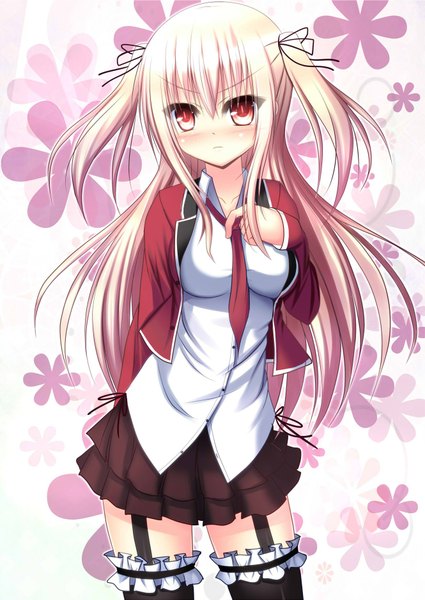Anime picture 1330x1879 with original nyarumi single long hair tall image blush blonde hair red eyes twintails short twintails girl thighhighs skirt black thighhighs shirt necktie frills