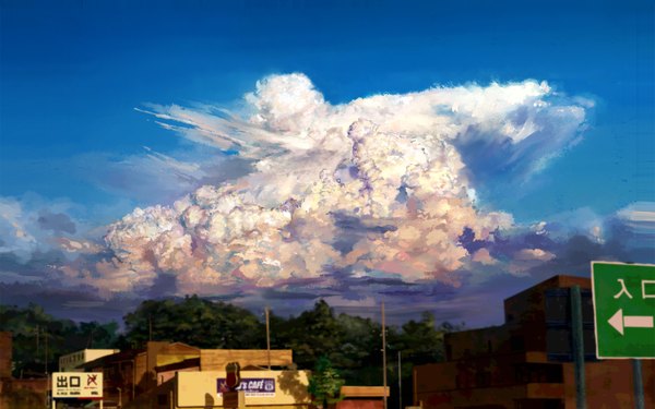 Anime picture 1536x960 with original heriki (trkj) wide image sky cloud (clouds) city landscape traffic sign