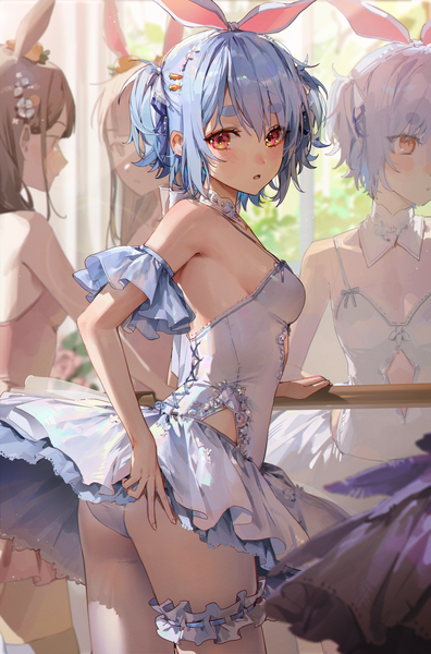 Anime picture 2000x3031 with virtual youtuber hololive usada pekora kellymonica02 tall image looking at viewer blush fringe highres short hair breasts open mouth light erotic hair between eyes brown hair standing multiple girls animal ears blue hair ass