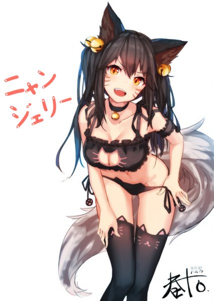 Anime picture 800x1124 with league of legends ahri (league of legends) ato (haru ato) single long hair tall image looking at viewer fringe open mouth light erotic black hair simple background white background animal ears tail animal tail orange eyes underwear only fox ears facial mark