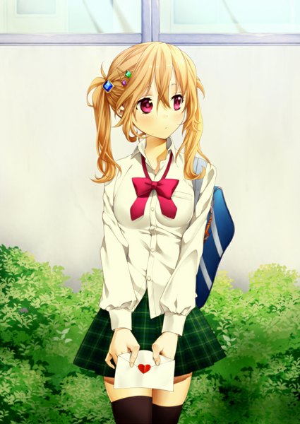 Anime picture 800x1129 with original masami (souzou jinsei sanka) single long hair tall image looking at viewer blonde hair twintails purple eyes plaid skirt girl thighhighs skirt hair ornament black thighhighs shirt white shirt school bag letter love letter