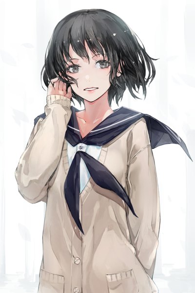 Anime picture 600x900 with original yucca-612 (neco) single tall image looking at viewer fringe short hair black hair simple background upper body light smile grey eyes floating hair girl uniform serafuku cardigan