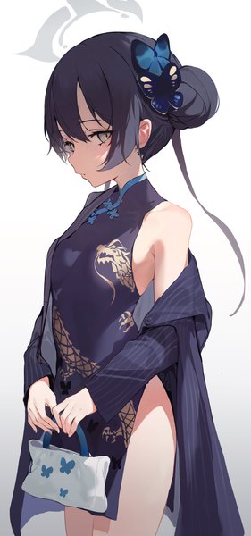 Anime picture 2162x4610 with blue archive kisaki (blue archive) shenqi de (9) single long hair tall image looking at viewer highres light erotic black hair simple background standing traditional clothes off shoulder grey eyes hair bun (hair buns) gradient background chinese clothes side slit girl