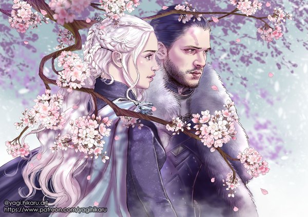 Anime picture 1200x848 with a song of ice and fire daenerys targaryen john snow yagi hikaru long hair short hair black hair standing signed payot looking away upper body outdoors white hair braid (braids) profile realistic grey eyes fur trim couple