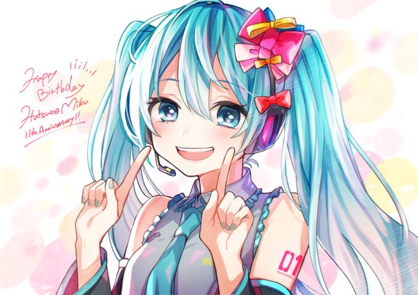 Anime picture 1469x1039 with vocaloid hatsune miku tama (songe) single long hair blush fringe open mouth hair between eyes twintails upper body nail polish aqua eyes aqua hair teeth character names happy birthday aqua nail polish anniversary girl