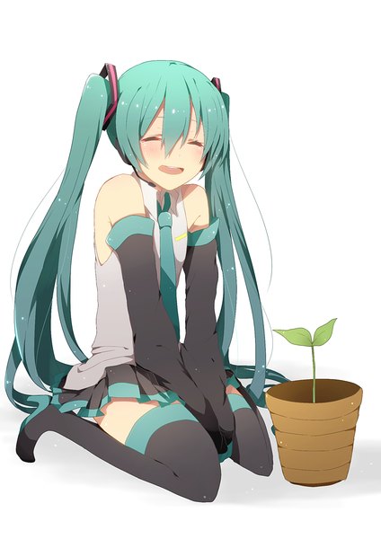 Anime picture 794x1123 with vocaloid hatsune miku harusawa single tall image blush open mouth simple background white background sitting twintails eyes closed very long hair aqua hair ^ ^ ^o^ girl plant (plants) detached sleeves boots