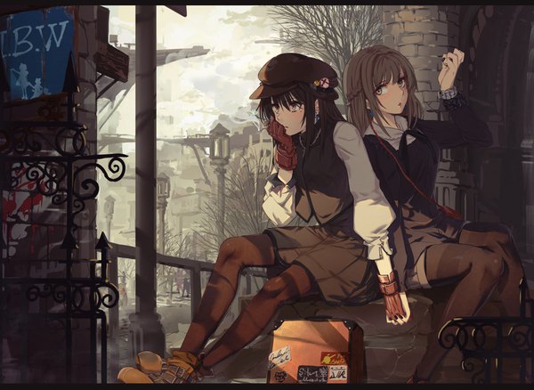 Anime picture 1536x1122 with original cibo (killy) long hair fringe short hair open mouth black hair brown hair sitting multiple girls brown eyes looking away bent knee (knees) blunt bangs braid (braids) arm up fingernails city holding hands cityscape