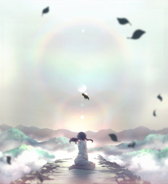 Anime picture 1488x1637 with original vocaloid no.734 single long hair tall image black hair sitting bare shoulders cloud (clouds) bent knee (knees) barefoot wind from behind sunlight bare legs no shoes lens flare mountain fog