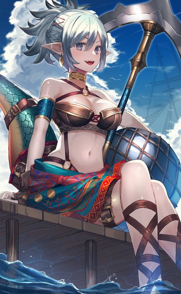 Anime picture 4000x6500 with original amahara subaru single tall image highres short hair breasts open mouth blue eyes light erotic smile sitting bare shoulders payot absurdres sky silver hair cloud (clouds) outdoors ponytail