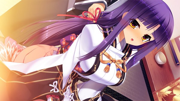 Anime picture 1280x720 with sengoku hime 5 long hair looking at viewer blush breasts open mouth wide image large breasts yellow eyes game cg purple hair girl dress ribbon (ribbons) hair ribbon