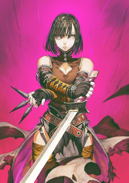 Anime picture 1448x2048 with original katana (seojh1029) jun (seojh1029) single tall image looking at viewer fringe short hair brown hair standing holding parted lips lips crossed arms pink background silver eyes bob cut girl gloves weapon