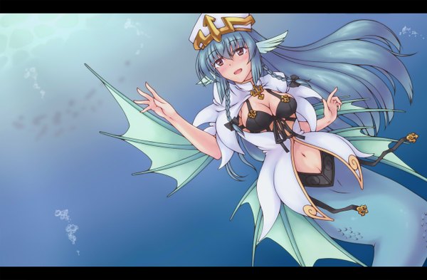 Anime picture 1280x840 with original shirane nadare single long hair blush light erotic blue hair tail head wings monster girl girl navel wings headdress mermaid