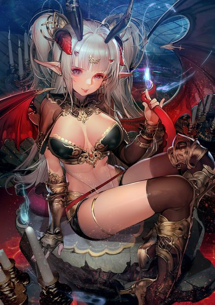 Anime picture 1000x1415 with original liduke single long hair tall image looking at viewer blush fringe breasts light erotic large breasts sitting purple eyes holding cleavage silver hair tail blunt bangs nail polish horn (horns)