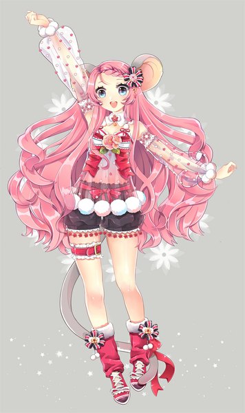 Anime picture 656x1106 with original yeonwa single long hair tall image looking at viewer blush open mouth blue eyes simple background animal ears pink hair tail animal tail grey background girl hair ornament flower (flowers) detached sleeves shorts