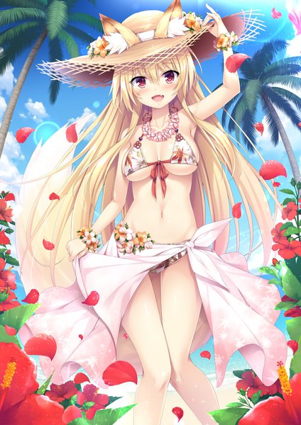 Anime picture 1413x2000 with original akizora momiji single long hair tall image looking at viewer blush fringe breasts open mouth light erotic blonde hair smile hair between eyes red eyes standing animal ears payot sky tail