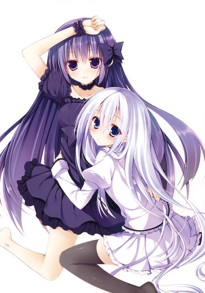 Anime picture 1948x2777 with seirei tsukai no blade dance terminus est restia ashdoll sakura hanpen tall image looking at viewer blush fringe highres breasts blue eyes light erotic simple background hair between eyes white background purple eyes multiple girls silver hair purple hair bent knee (knees)