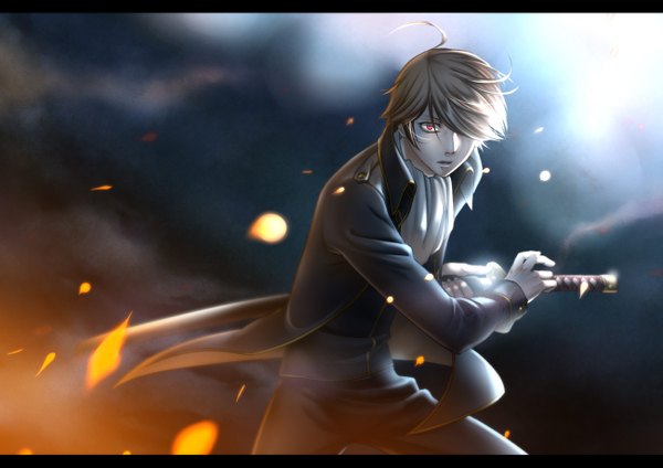 Anime picture 1300x919 with gintama sunrise (studio) okita sougo nuruhachi single fringe short hair red eyes brown hair hair over one eye smoke boy uniform weapon sword katana fire neckerchief