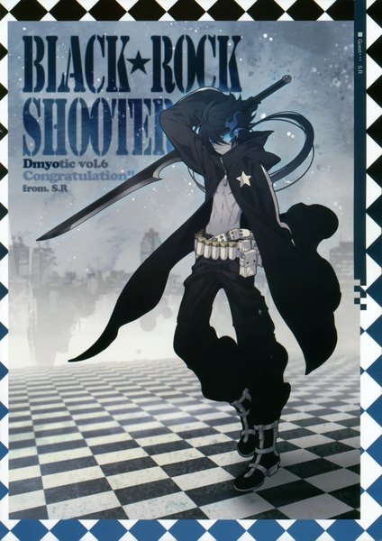 Anime picture 2563x3626 with black rock shooter snow ring (artbook) black rock shooter (character) shirahane nao single long hair tall image looking at viewer highres blue eyes blue hair wind scan city checkered floor walking checkered genderswap grey skin boy