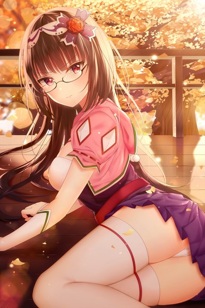 Anime picture 2200x3300 with fate (series) fate/grand order osakabe-hime (fate/grand order) junpaku karen single long hair tall image looking at viewer blush fringe highres breasts light erotic red eyes brown hair large breasts ass blunt bangs pleated skirt sunlight