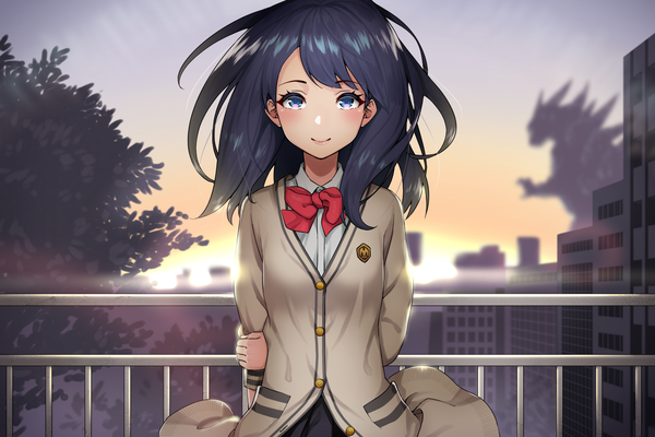 Anime picture 1500x1000 with gridman universe ssss.gridman studio trigger takarada rikka takurowo single long hair blush fringe blue eyes black hair smile standing sky outdoors wind depth of field city evening sunset