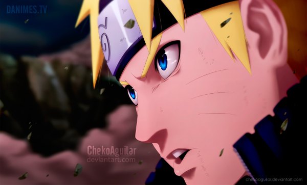 Anime picture 4919x2979 with naruto studio pierrot naruto (series) uzumaki naruto chekoaguilar single highres short hair open mouth blue eyes blonde hair wide image absurdres night night sky coloring facial mark close-up smoke face