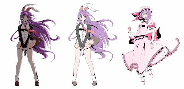 Anime picture 2071x1000 with touhou remilia scarlet reisen udongein inaba bwell long hair looking at viewer highres short hair simple background smile red eyes wide image standing white background multiple girls animal ears purple hair full body long sleeves pleated skirt