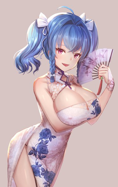 Anime picture 534x841 with azur lane st. louis (azur lane) st. louis (splendor of spring) (azur lane) dolce (dolsuke) single tall image looking at viewer blush fringe short hair breasts open mouth light erotic simple background smile hair between eyes large breasts standing twintails bare shoulders