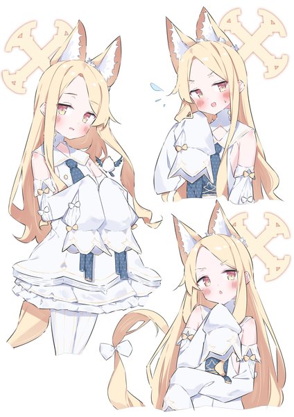 Anime picture 1448x2048 with blue archive seia (blue archive) suta0822 single long hair tall image looking at viewer blush simple background blonde hair white background animal ears yellow eyes long sleeves sweatdrop multiview flying sweatdrops girl detached sleeves pantyhose