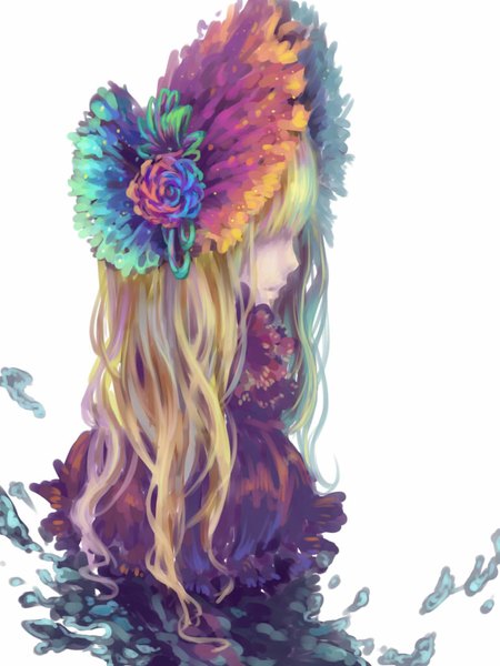 Anime picture 768x1024 with original zhen hun qu single long hair tall image fringe simple background blonde hair white background profile hair over eyes girl flower (flowers) hat rose (roses)