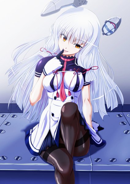 Anime picture 1357x1920 with kantai collection murakumo destroyer tappa (esperanza) single long hair tall image looking at viewer light erotic sitting brown eyes white hair finger to mouth tress ribbon girl dress gloves hair ornament ribbon (ribbons) hair ribbon pantyhose