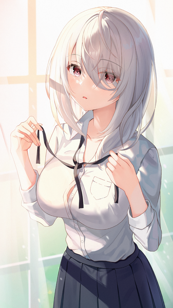 Anime picture 1500x2669 with original lenne (oyuwari) surrender single long hair tall image looking at viewer fringe open mouth light erotic red eyes standing silver hair indoors long sleeves pleated skirt sunlight hair over one eye arms up borrowed character