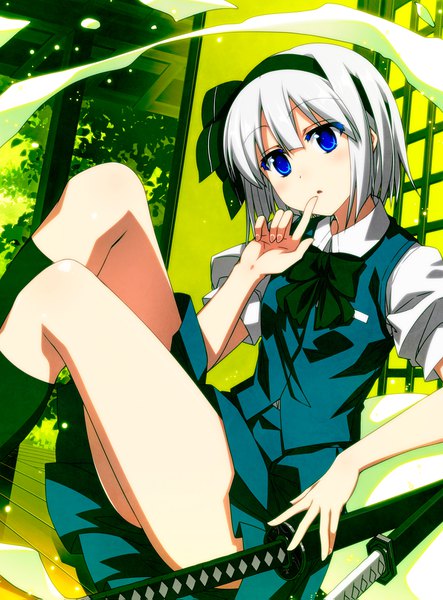 Anime-Bild 1200x1623 mit touhou konpaku youmu myon sazanami mio single tall image looking at viewer blush fringe short hair blue eyes light erotic hair between eyes sitting white hair indoors pleated skirt short sleeves puffy sleeves legs