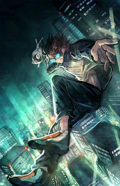 Anime picture 600x925 with kekkai sensen studio bones leonardo watch sonic speed monkey mura karuki tall image short hair brown hair looking away night spread arms jumping clenched teeth city lights boy animal building (buildings) goggles skyscraper monkey