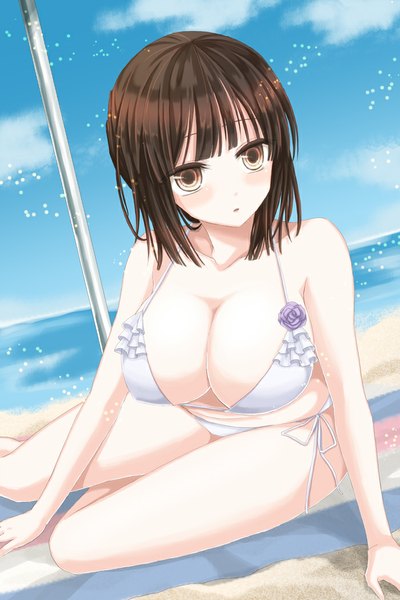 Anime picture 700x1050 with original hiroharu single tall image blush short hair breasts light erotic black hair large breasts brown eyes beach girl swimsuit bikini sea