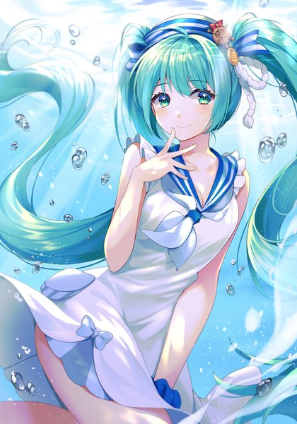 Anime picture 1000x1428 with vocaloid hatsune miku minori (faddy) single long hair tall image looking at viewer blush fringe smile hair between eyes twintails ahoge bent knee (knees) very long hair aqua eyes aqua hair floating hair underwater girl