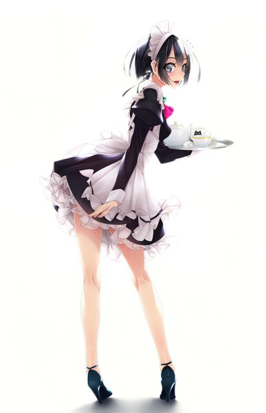 Anime picture 1000x1550 with original murakami suigun single tall image looking at viewer blush short hair open mouth black hair simple background standing white background holding full body long sleeves looking back from behind bare legs maid grey eyes