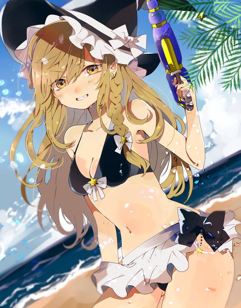 Anime picture 1800x2300 with touhou kirisame marisa satoupote single long hair tall image looking at viewer fringe highres breasts light erotic blonde hair smile hair between eyes standing bare shoulders holding yellow eyes sky cleavage
