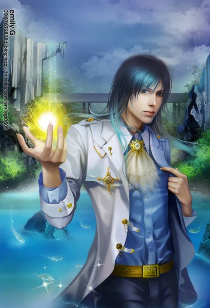 Anime picture 700x1024 with emilyg single long hair tall image blue eyes signed blue hair realistic magic rock waterfall boy plant (plants) water jacket belt neckerchief medal