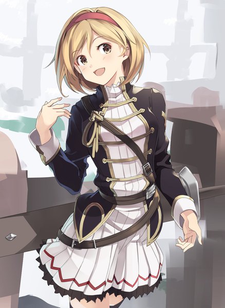Anime picture 935x1280 with granblue fantasy gita (granblue fantasy) yoshino ryou single tall image blush fringe short hair open mouth blonde hair smile hair between eyes standing brown eyes long sleeves pleated skirt arm up alternate costume girl thighhighs