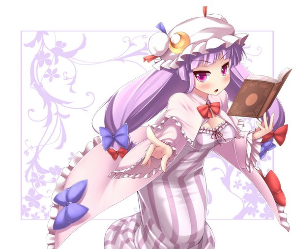 Anime picture 1000x844 with touhou patchouli knowledge nullken single long hair blush purple eyes purple hair girl dress bow hair bow book (books) bonnet