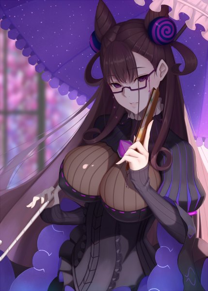 Anime picture 858x1200 with fate (series) fate/grand order murasaki shikibu (fate) dydydyok single long hair tall image looking at viewer fringe breasts light erotic hair between eyes brown hair large breasts standing purple eyes holding cleavage hair bun (hair buns) two side up