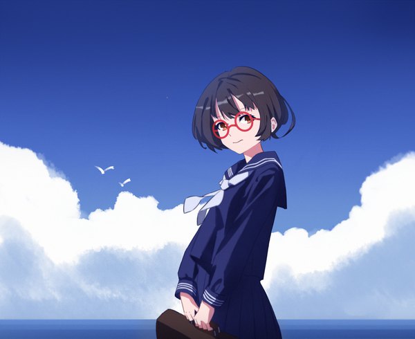 Anime picture 3180x2600 with original laluna single looking at viewer fringe highres short hair black hair standing holding brown eyes absurdres sky cloud (clouds) outdoors light smile horizon girl uniform animal