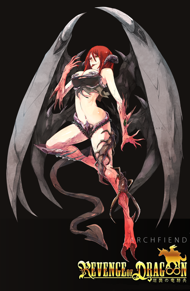 Anime picture 700x1069 with revenge of dragoon ian olympia single tall image short hair breasts light erotic simple background bare shoulders green eyes looking away bent knee (knees) red hair tail horn (horns) inscription bare belly midriff black background demon girl